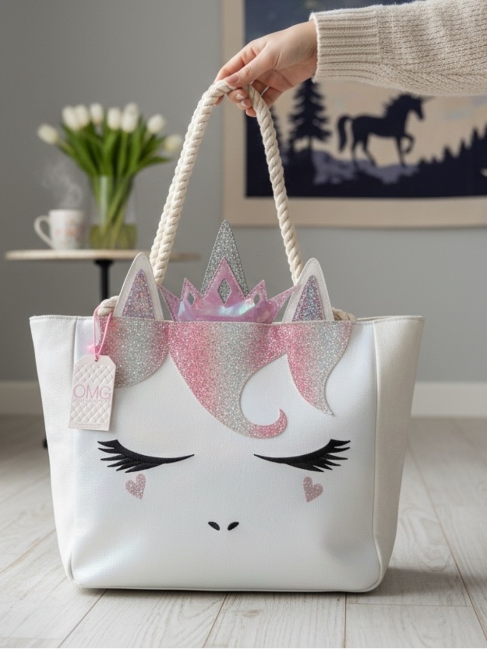 Miss Gwen’s OMG unicorn tote bag with glitter and a crown